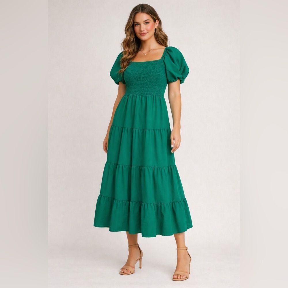 PrettyGarden Dress M Green Smocked Puff Sleeve Tiered Boho Cottagecore Prairie